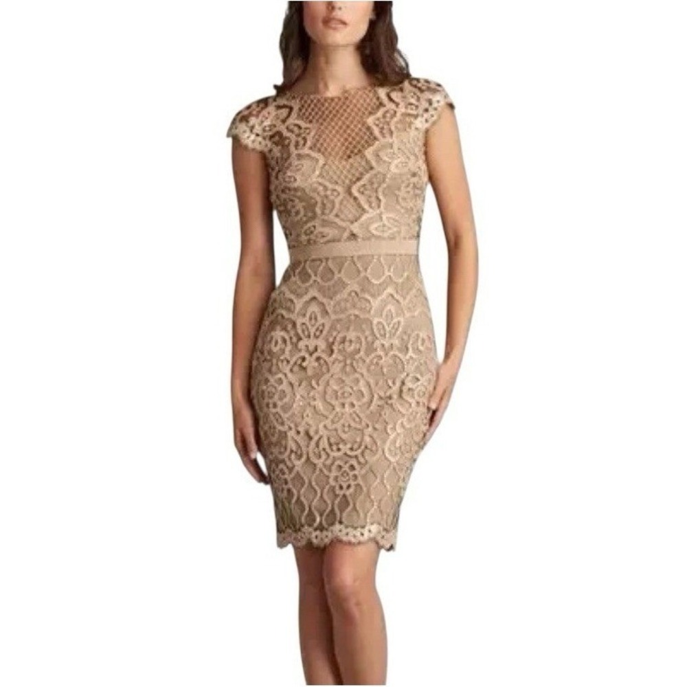 Tadashi Shoji Lace Sequin Cap Sleeve Sheath Dress Gold Champagne Size 4